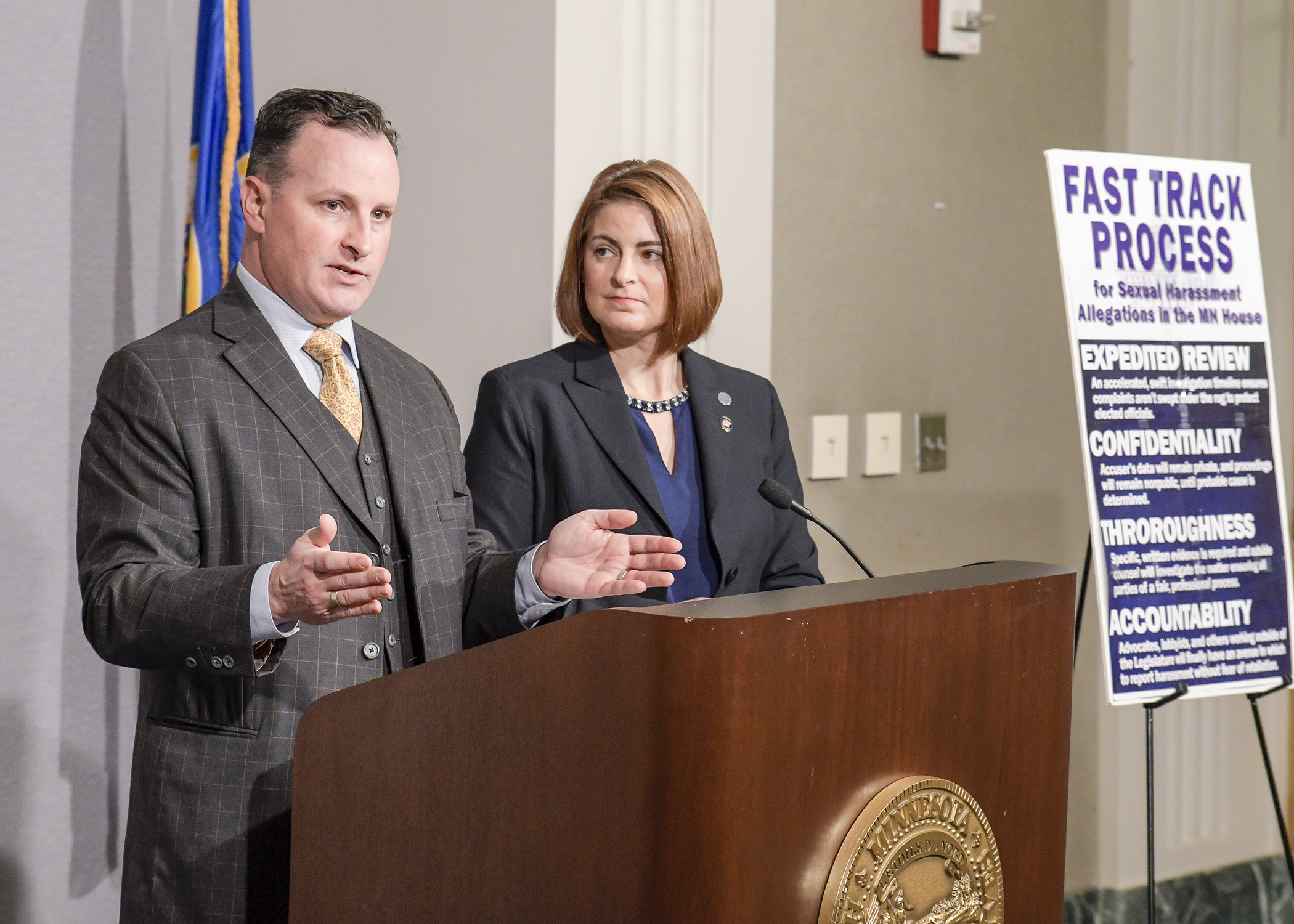 Rep. John Lesch and Rep. Marion O’Neill introduce a series of proposed changes to Minnesota House of Representatives’ rules in the wake of recent reports of sexual harassment in and around the State Capitol. Photo by Andrew VonBank